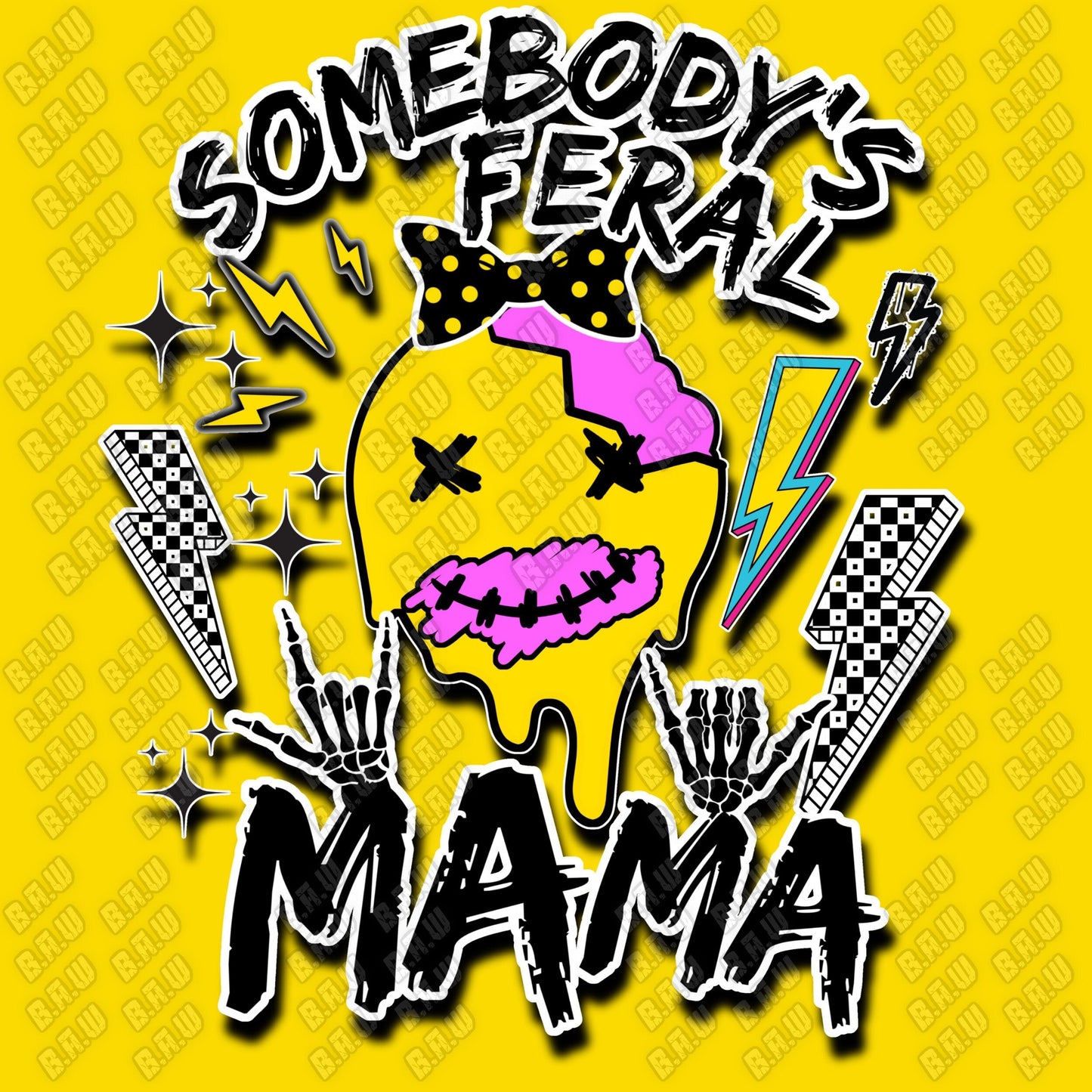 Feral Mama Smiley Face  300 DPI & 3200 DPI PNG files for sublimation, Dtg, Uvdtf, Screen Printing and Dtf transfers.