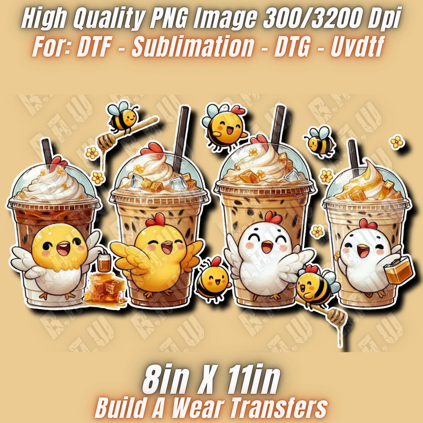 Cute New Custom Hens & Honey Iced Coffee Latte’s Summer PNG Image - 300/3200 Dpi Quality 2 Files - Sublimations, DTF, Uvdtf, Dtg Printing!