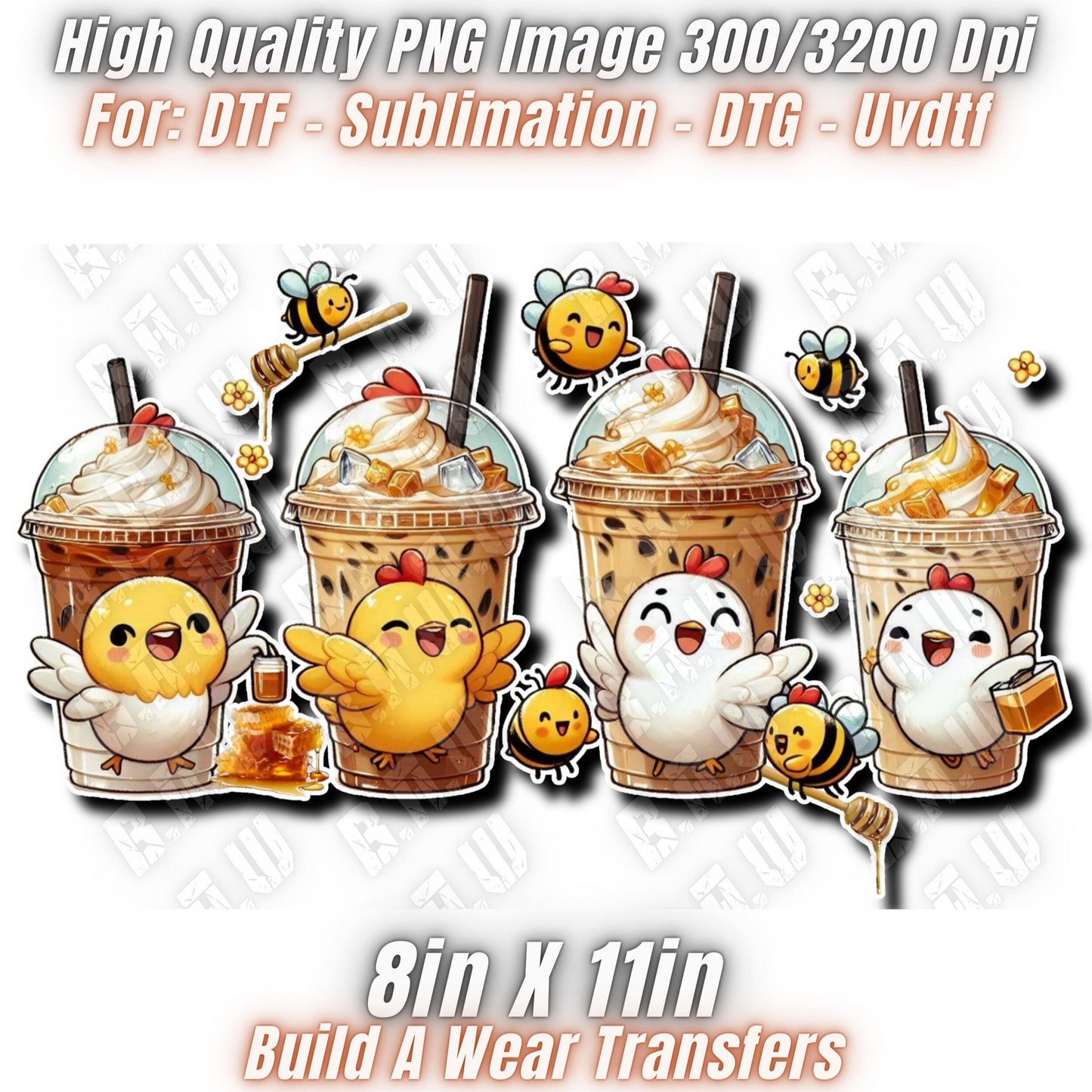 Cute New Custom Hens & Honey Iced Coffee Latte’s Summer PNG Image - 300/3200 Dpi Quality 2 Files - Sublimations, DTF, Uvdtf, Dtg Printing!