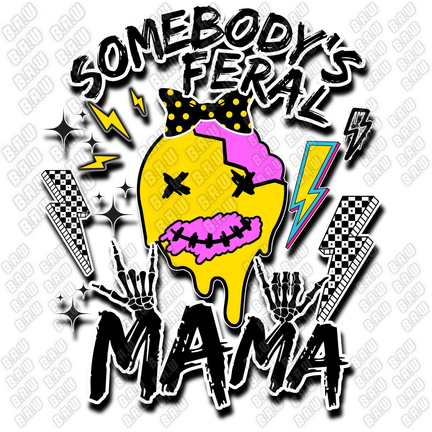 Amazing vibrant “Somebody’s Feral Mama” Smiley Face for Mom 300 DPI & 3200 DPI PNG files for sublimation, Dtg, Uvdtf, Screen Printing, Dtf