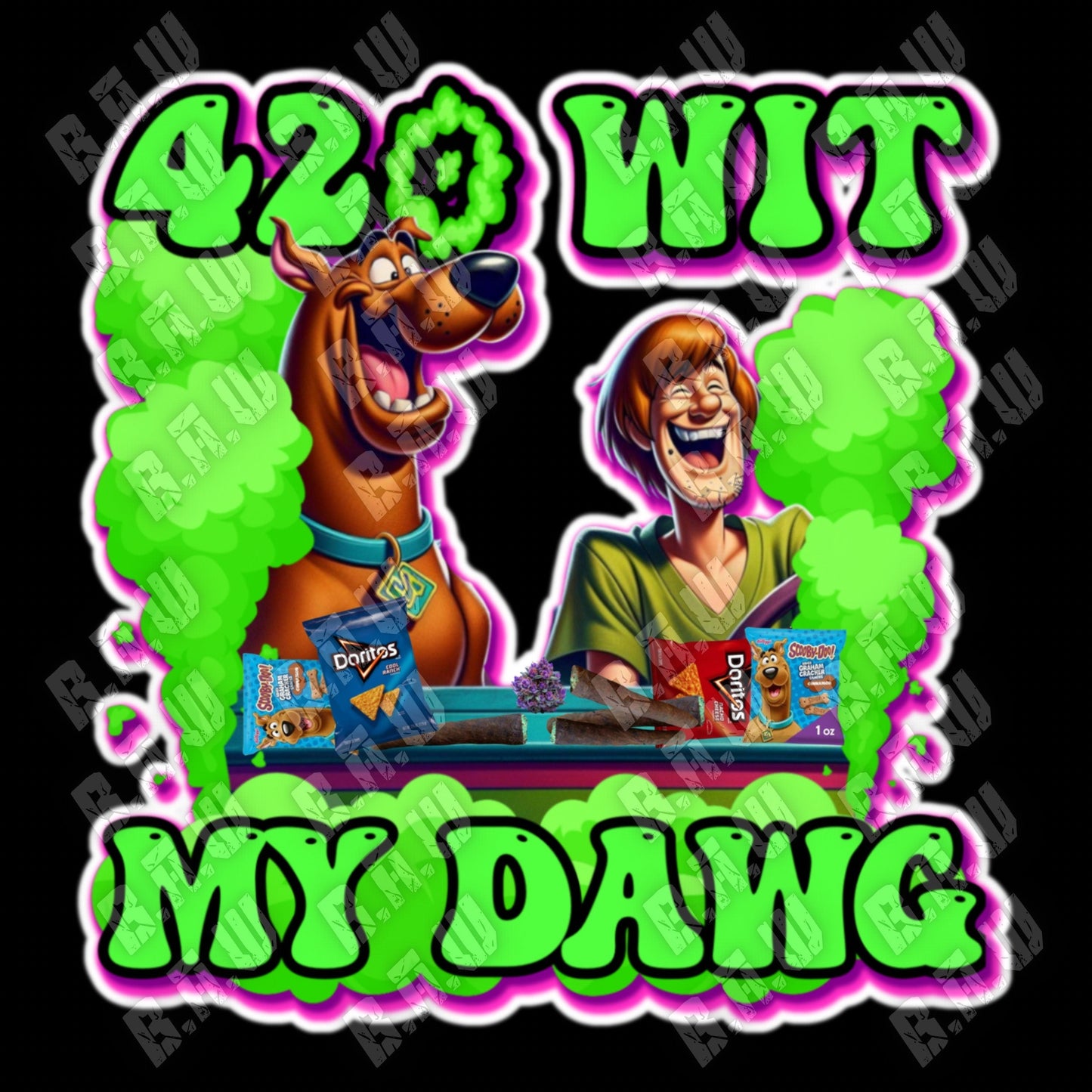 Funny Vibrant full chest logo of Scooby & Shag 420 PNG for Sublimation, DTF, DTG, Uvdtf.