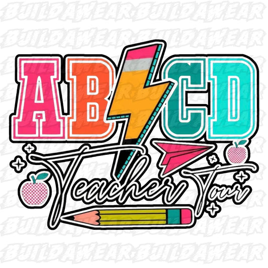 ABCD Teacher Tour Vibrant (2 Images 2 PNG Files) For Sublimation, DTF, Dtg & Uvdtf prints and more. Best for t-shirt, sweatshirts, hoodies!