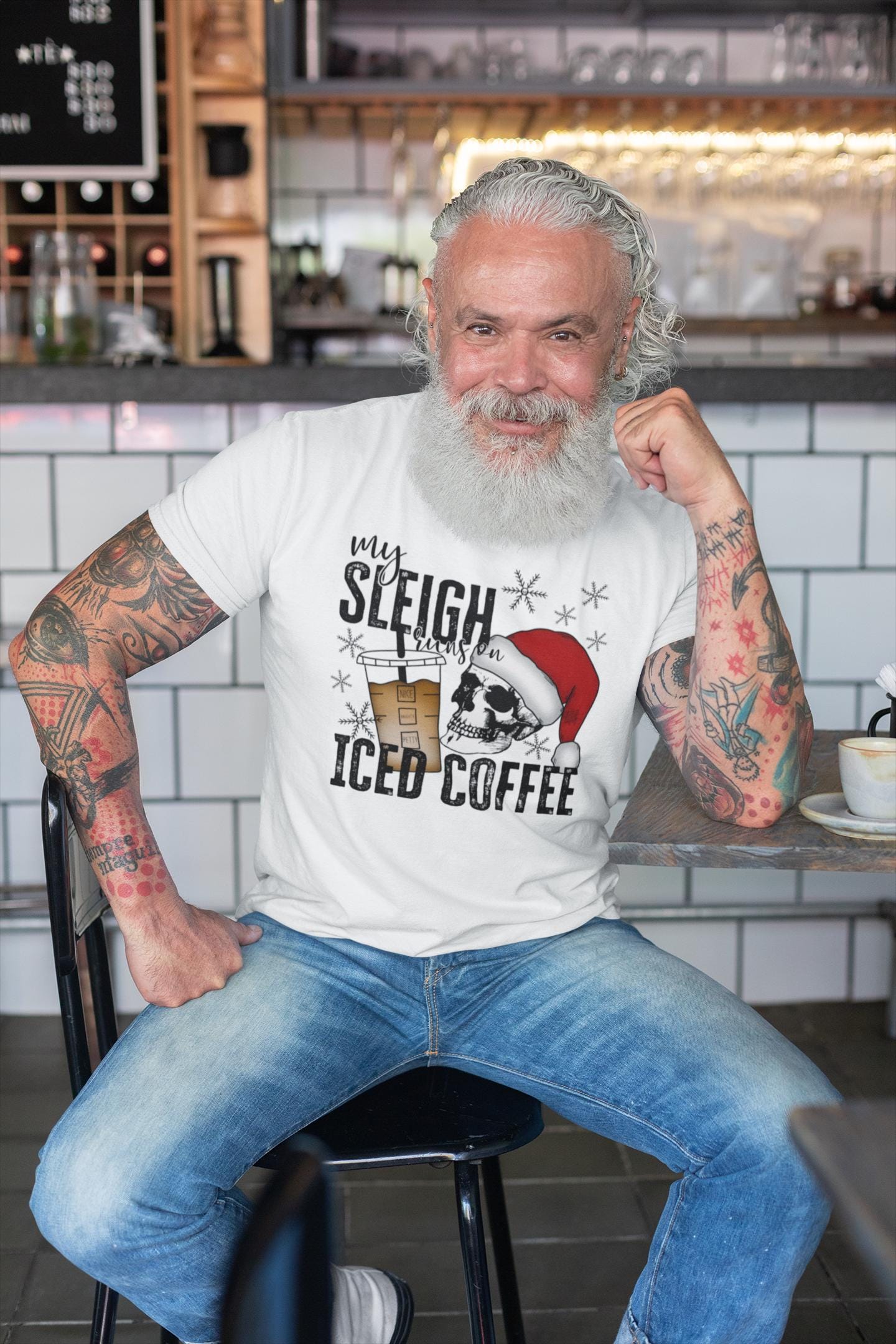 My Sleigh Runs On ICED Coffee - Ready To Press - DTF Heat Transfers. Great on T-shirts, Hoodies, Sweatshirts, Totes!