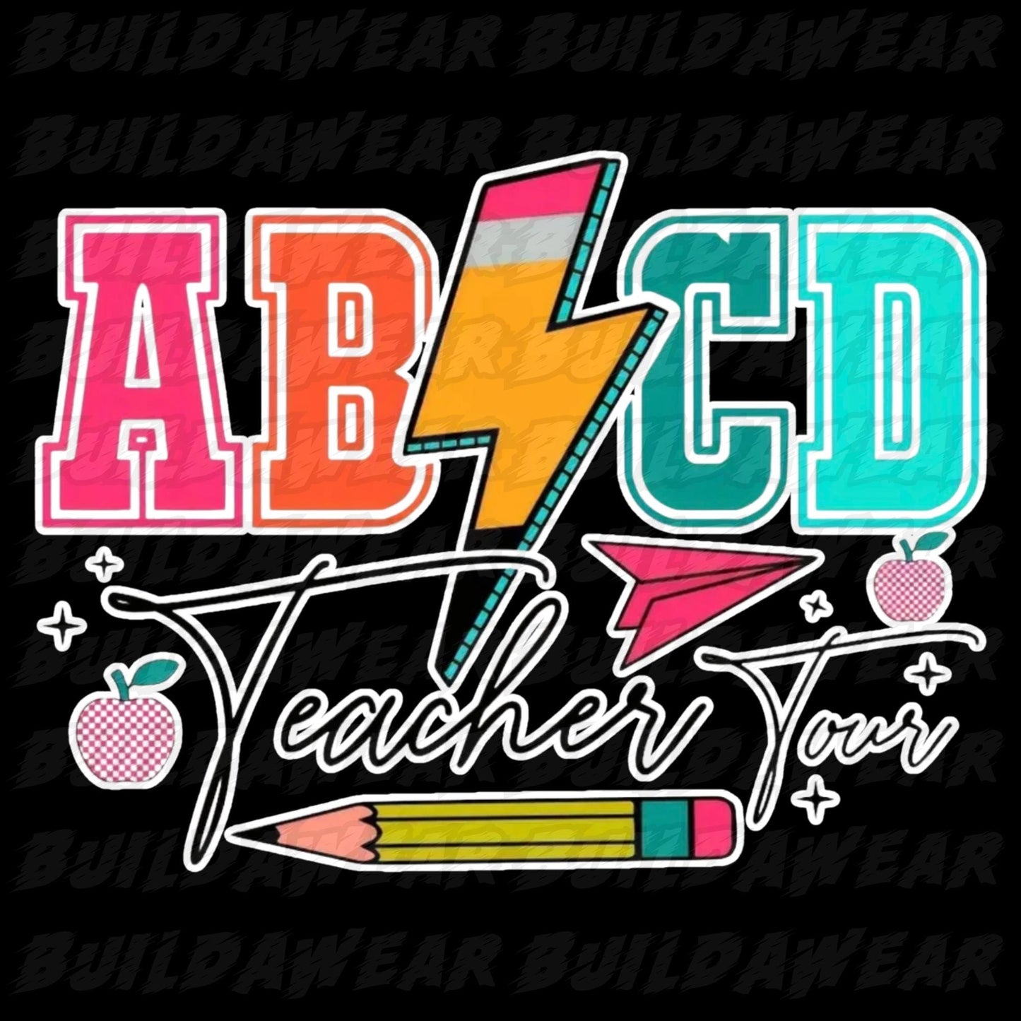 ABCD Teacher Tour Vibrant (2 Images 2 PNG Files) For Sublimation, DTF, Dtg & Uvdtf prints and more. Best for t-shirt, sweatshirts, hoodies!